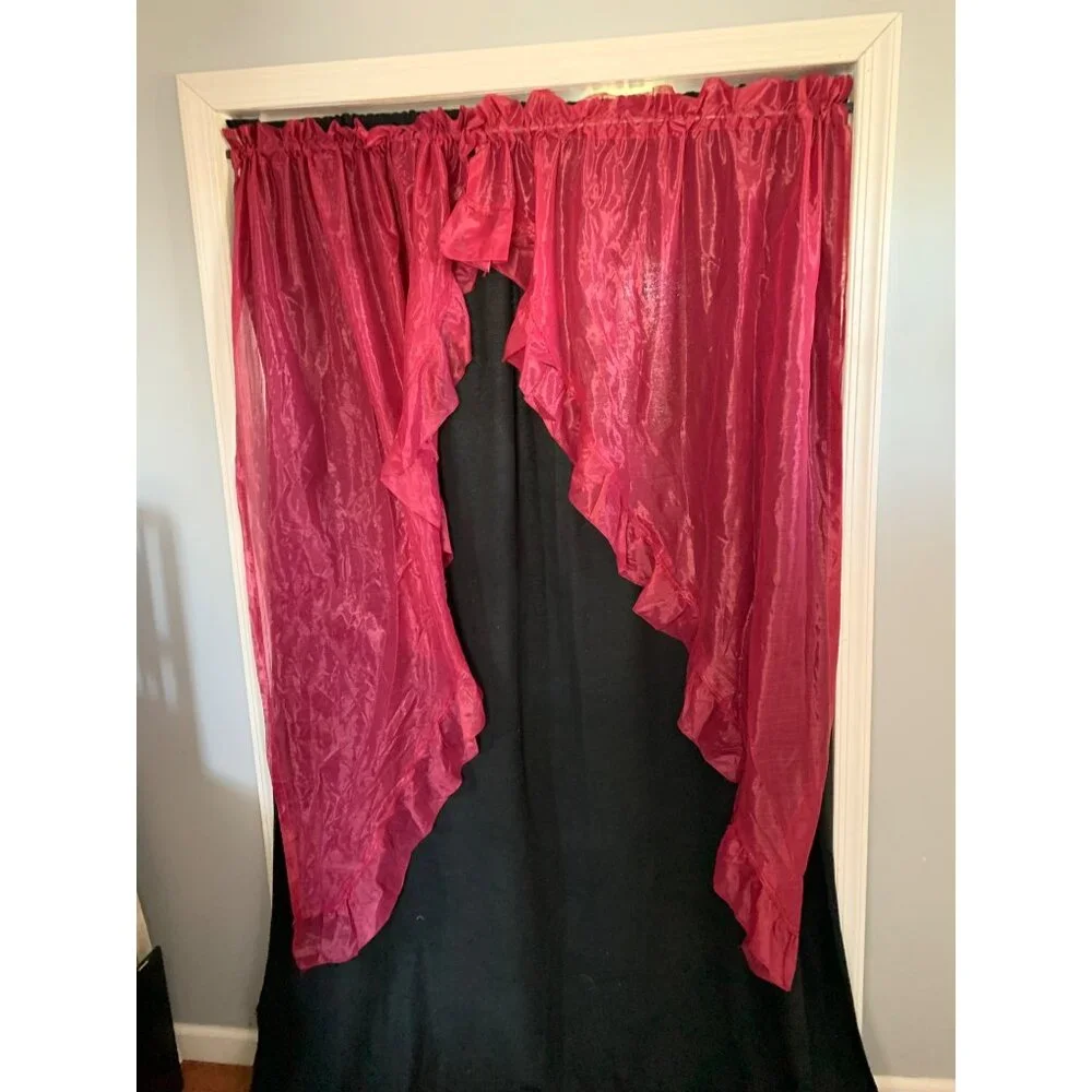 Vintage Red Ruffled Sheer Curtain Panels Rod Pocket Top 42